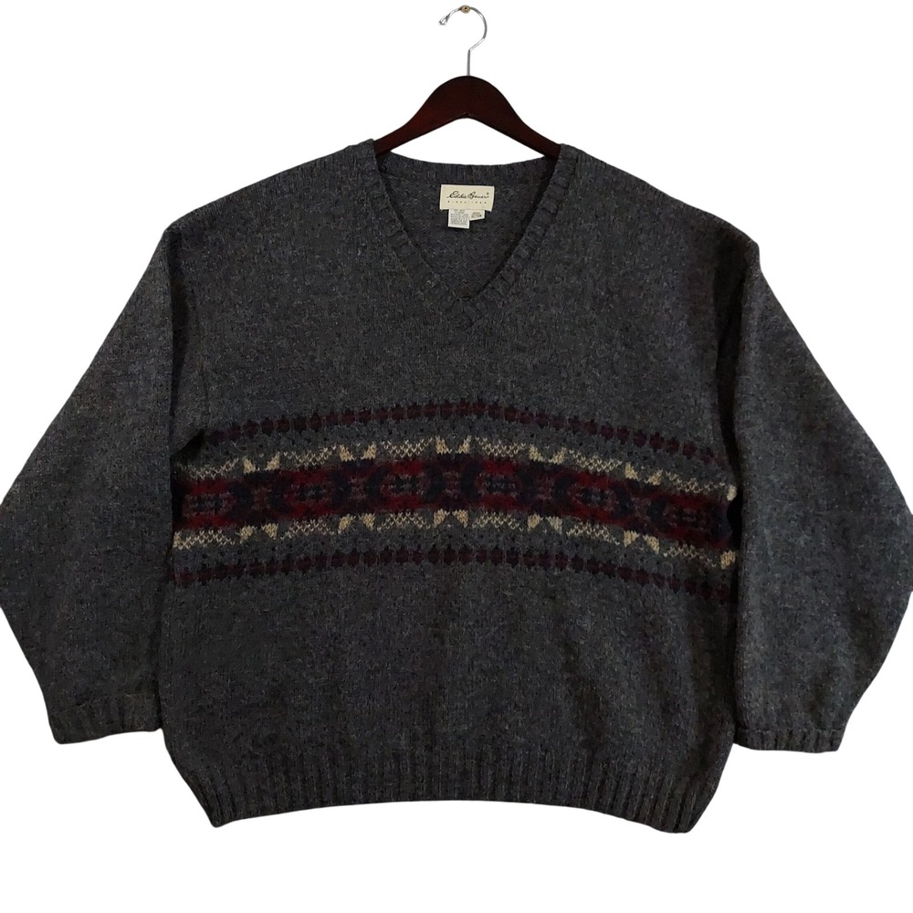 Eddie Bauer Sweater Mens XL Gray Wool Blend Fair Isle V-Neck USA Made Vintage